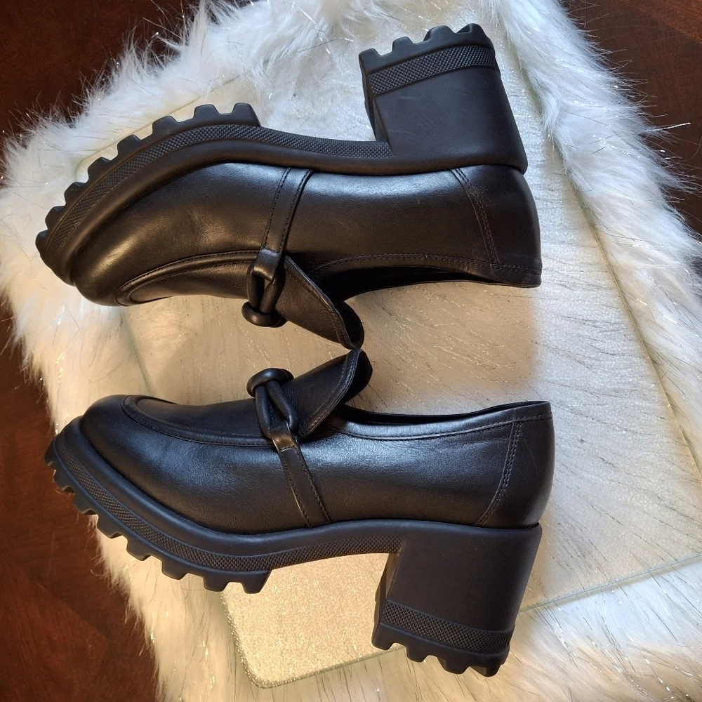 Voile Blanche Carine Black Leather Slip-On Ankle Chunky Loafers Size Women 10.5
